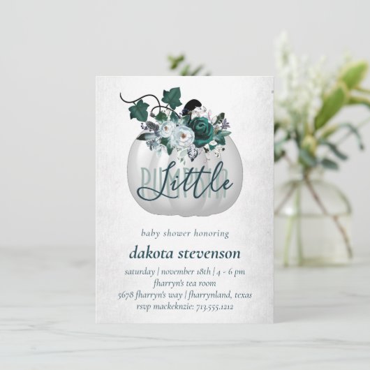 Little Pumpkin | Blauwgroen groen Baby shower van  Kaart (Staand voorkant)