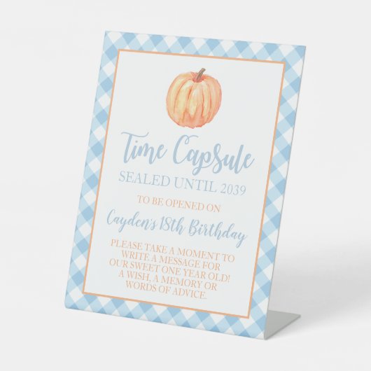 Little Pumpkin Blue 1st Birthday Time Capsule Reclamebord Met Voetstuk (Voorkant)