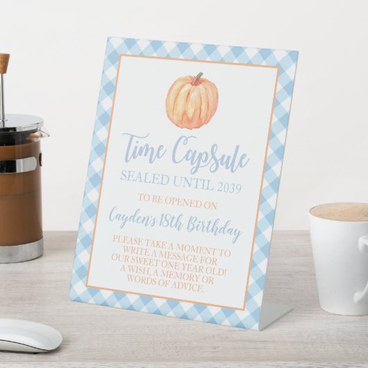 Little Pumpkin Blue 1st Birthday Time Capsule Reclamebord Met Voetstuk (Insitu)