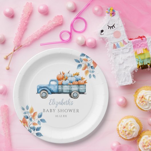 Little Pumpkin Blue Baby shower Foto Achtergrond Papieren Bordje (Feest)