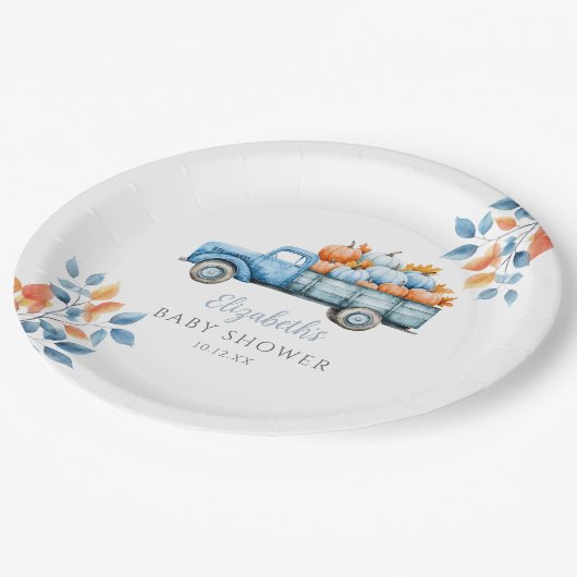 Little Pumpkin Blue Baby shower Foto Achtergrond Papieren Bordje (Gekanteld)