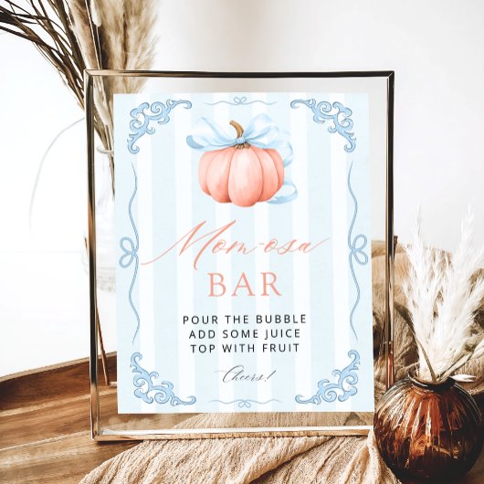 Little Pumpkin Blue Bow Baby shower Mom-osa Bar Poster
