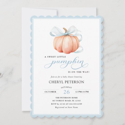 Little Pumpkin Blue Bow Baby shower Uitnodiging (Voorkant)