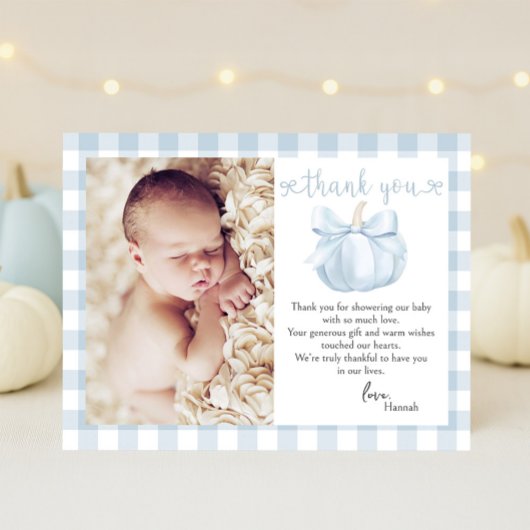 Little Pumpkin Blue Bow Foto Baby shower Bedankkaart