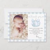 Little Pumpkin Blue Bow Foto Baby shower Bedankkaart (Voorkant)