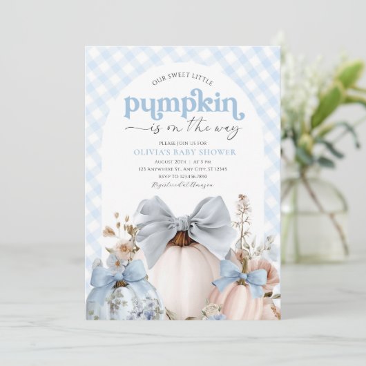 Little Pumpkin Blue Boy Baby shower Invitation Kaart (Staand voorkant)
