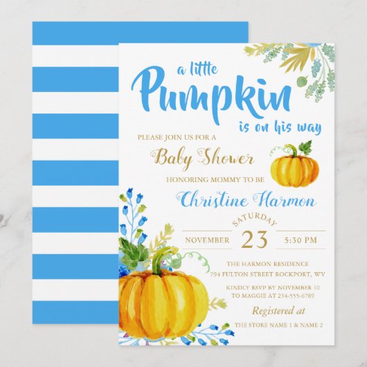 Little Pumpkin Blue Garden Baby shower Invitation Kaart (Voorkant / Achterkant)