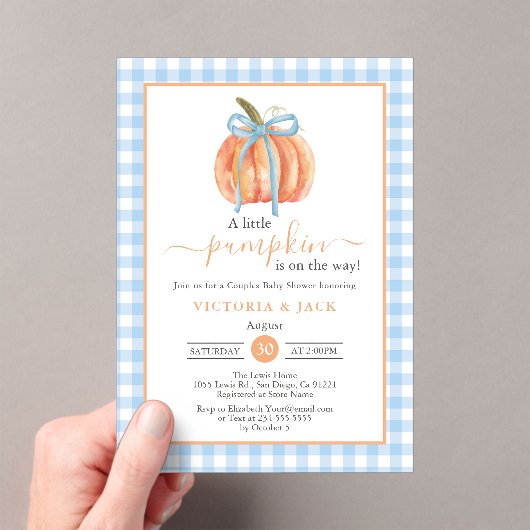 Little Pumpkin Blue Gingham Herfst Baby shower Acryl Uitnodigingen (Insitu (Draagbaar))