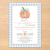 Little Pumpkin Blue Gingham Herfst Baby shower Acryl Uitnodigingen (Voorkant)