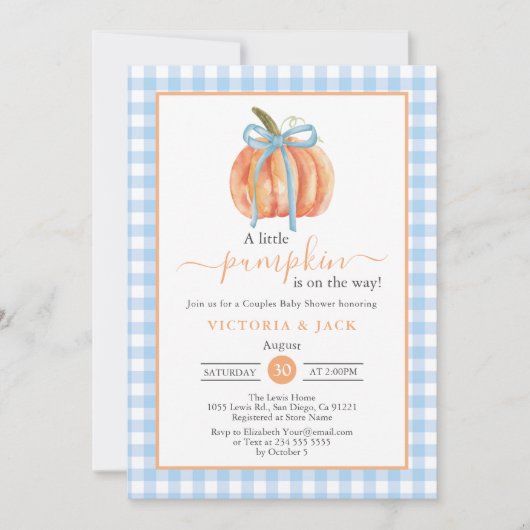 Little Pumpkin Blue Gingham Herfst Baby shower Kaart (Voorkant)