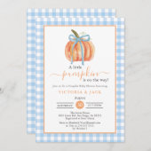Little Pumpkin Blue Gingham Herfst Baby shower Kaart (Voorkant / Achterkant)