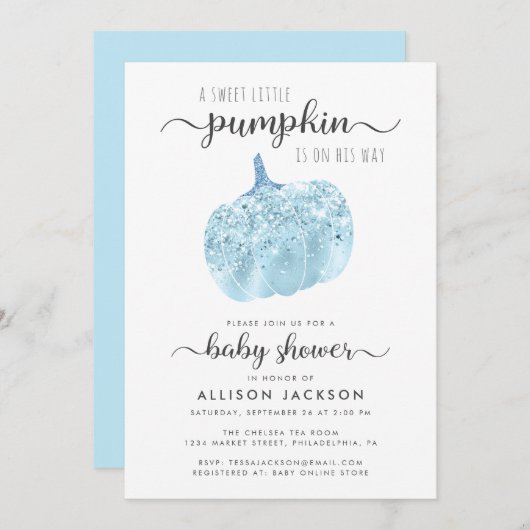 Little Pumpkin Blue Glitter Sparkle Baby shower Kaart (Voorkant / Achterkant)