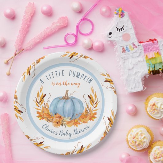Little Pumpkin Blue Herfst Boy Baby shower Papieren Bordje (Feest)