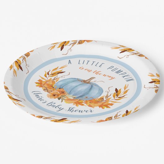 Little Pumpkin Blue Herfst Boy Baby shower Papieren Bordje (Gekanteld)