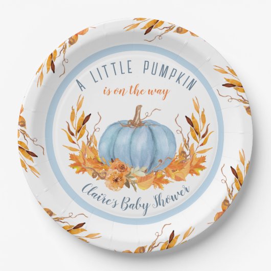 Little Pumpkin Blue Herfst Boy Baby shower Papieren Bordje (Voorkant)
