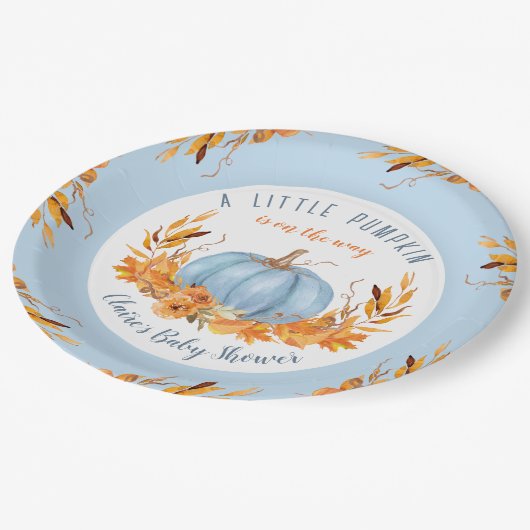 Little Pumpkin Blue Herfst herfstjongen Baby showe Papieren Bordje (Gekanteld)