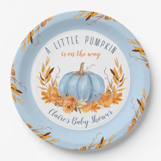 Little Pumpkin Blue Herfst herfstjongen Baby showe Papieren Bordje (Voorkant)