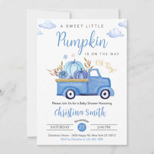 Little Pumpkin Blue Rustic Truck Baby Boy Shower Kaart (Voorkant)