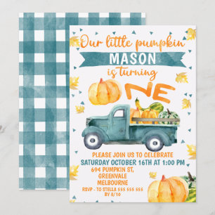 Little Pumpkin Blue Truck 1st Birthday Invitation Kaart