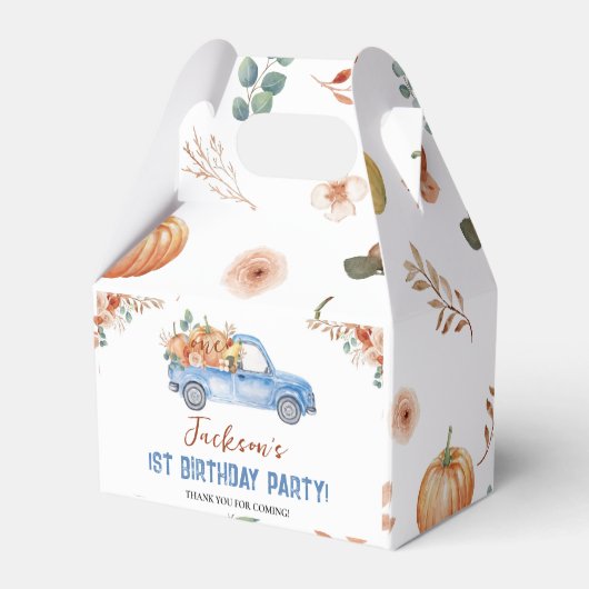Little Pumpkin Blue Truck eerste verjaardag gunstb Bedankdoosjes (Achterkant)