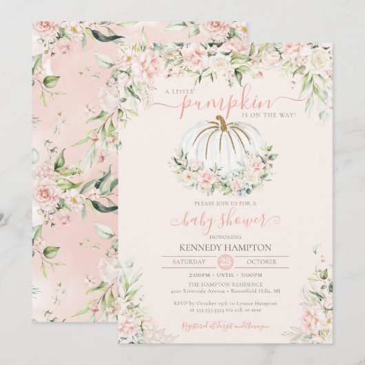 Little Pumpkin Blush Pink Floral Herfst Baby showe Kaart (Voorkant / Achterkant)