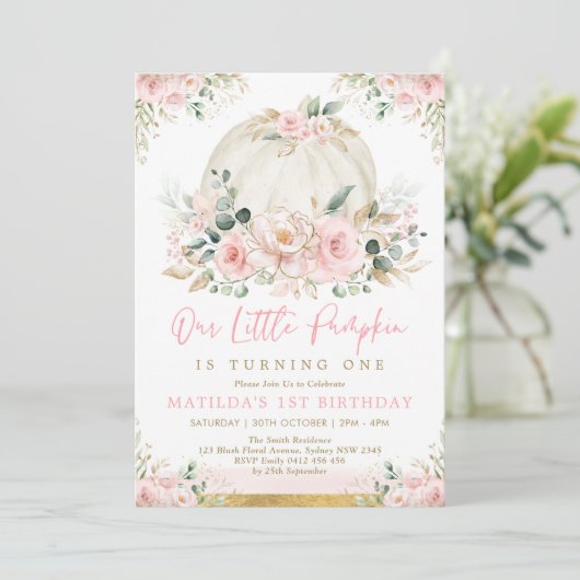 Little Pumpkin Blush Pink Floral Herfst Verjaardag Kaart (Staand voorkant)