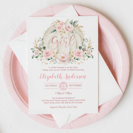 Little Pumpkin Blush Roos Gold Floral Baby shower Kaart