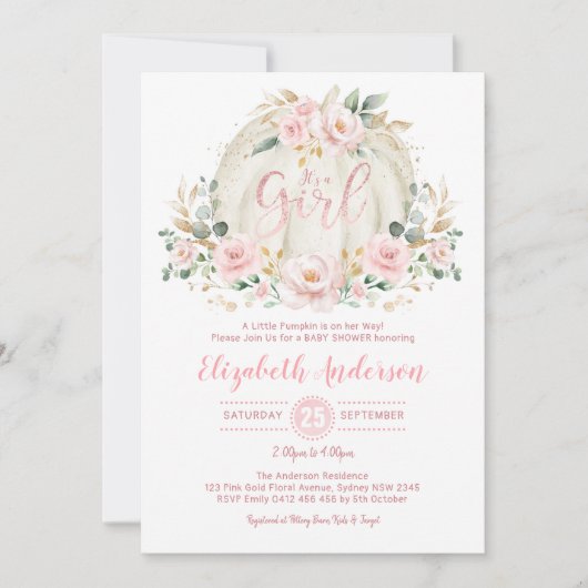 Little Pumpkin Blush Roos Gold Floral Baby shower Kaart (Voorkant)