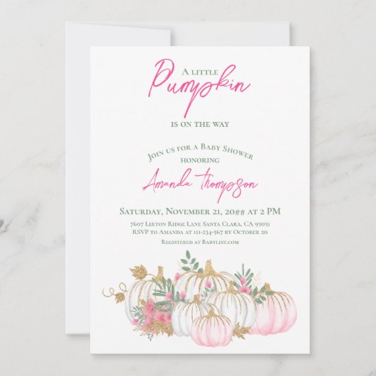Little Pumpkin Blush Roze groen Baby shower Kaart (Voorkant)