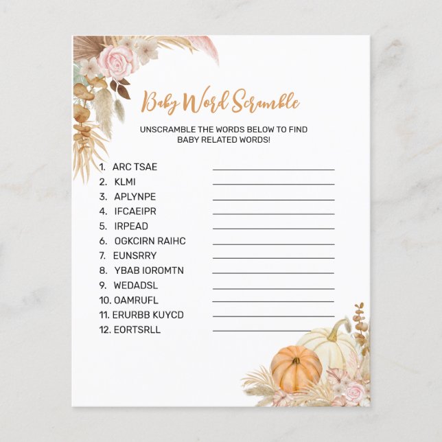 Little Pumpkin Boho Baby shower Word Scramble Game (Voorkant)