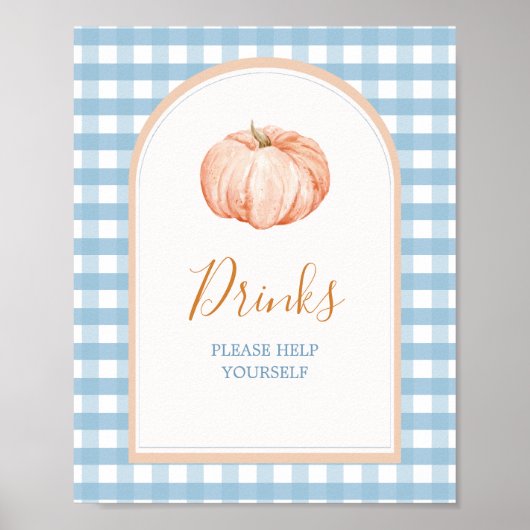 Little Pumpkin Boho Blue Gingham Drinken Sign Poster (Voorkant)
