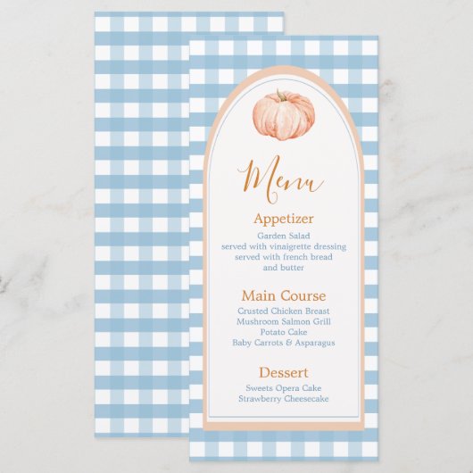 Little Pumpkin Boho Blue Gingham Verjaardag Menu (Voorkant / Achterkant)