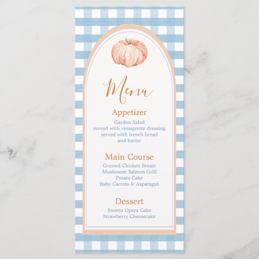 Little Pumpkin Boho Blue Gingham Verjaardag Menu (Voorkant)