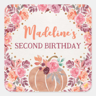 Little Pumpkin Boho Floral 2de verjaardagssticker Vierkante Sticker