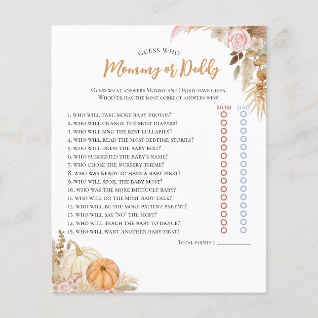 Little Pumpkin Boho Herfst Floral Baby shower Game (Voorkant)