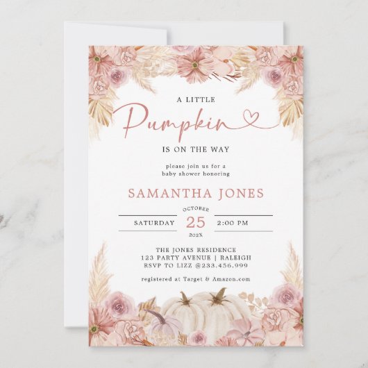 Little Pumpkin Boho Pink Pampas Grass Baby shower Kaart (Voorkant)