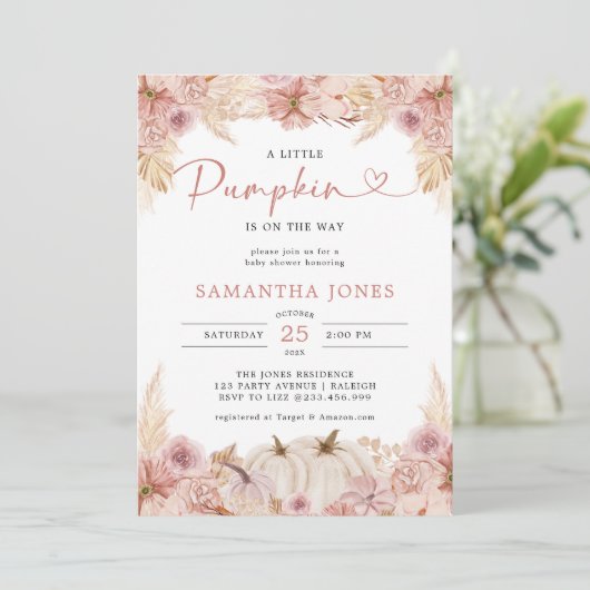 Little Pumpkin Boho Pink Pampas Grass Baby shower Kaart (Staand voorkant)