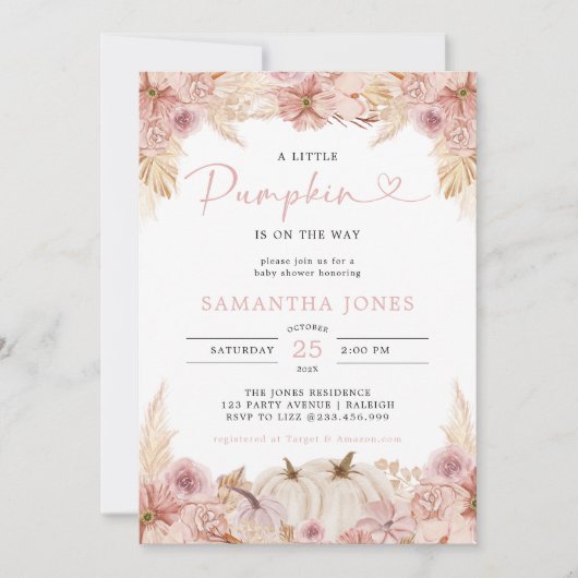 Little Pumpkin Boho Pink Pampas Grass Baby shower Kaart (Voorkant)