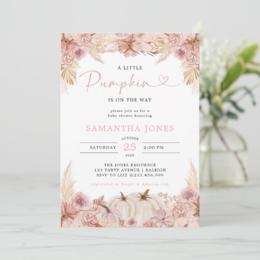Little Pumpkin Boho Pink Pampas Grass Baby shower Kaart (Staand voorkant)