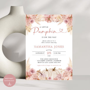 Little Pumpkin Boho Pink Pampas Grass Baby shower Kaart