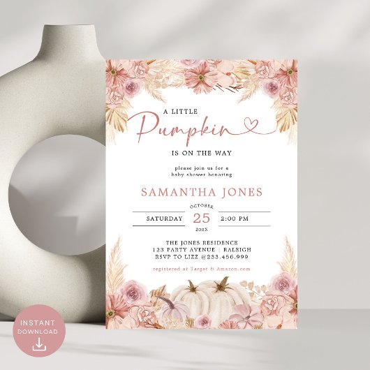Little Pumpkin Boho Pink Pampas Grass Baby shower Kaart