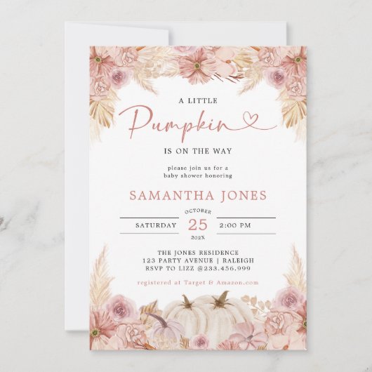 Little Pumpkin Boho Pink Pampas Grass Baby shower Kaart (Voorkant)