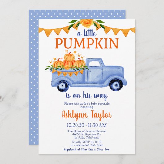 Little Pumpkin Boy Baby Sprinkle Invitation Kaart (Voorkant / Achterkant)