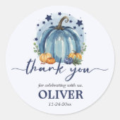 Little Pumpkin Boy Blue Baby shower Bedankt Ronde Sticker (Voorkant)