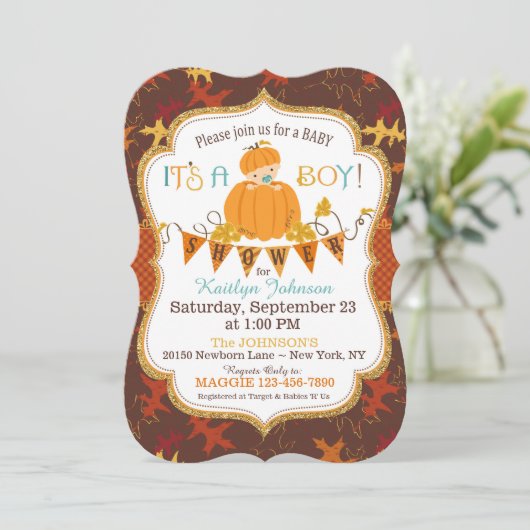 Little Pumpkin Boy Fall verlaat Baby shower Kaart (Staand voorkant)