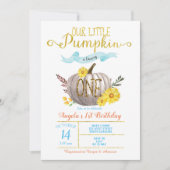 Little Pumpkin Boy Gold Blue Herfst 1e verjaardag Kaart (Voorkant)