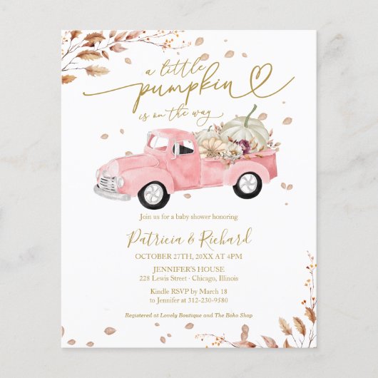 Little Pumpkin Budget Meisje Baby shower Uitnodigi Flyer (Voorkant)