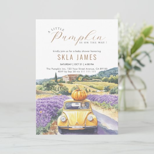 Little Pumpkin Car Herfst Autumn Babyshower Uitnod Bedankkaart (Staand voorkant)