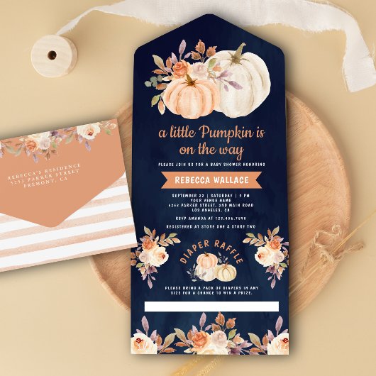 Little Pumpkin Earthy Floral Navy Blue Baby shower All In One Uitnodiging