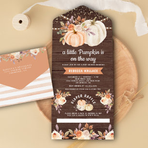 Little Pumpkin Earthy Floral Wood Baby shower All In One Uitnodiging